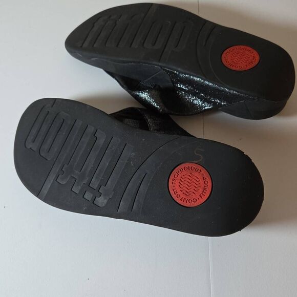 Fitflop Women's Glittered T-strap Faux Leather Toe Post Lulu Sandals Black Sz 10 - Picture 6 of 7